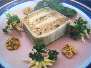 <b>South Hams Food & Drink Assoc Cookery Competition</b><br>
Guinea Fowl, Mushroom & Pistachio Terrine with a Walnut & Apple salad
